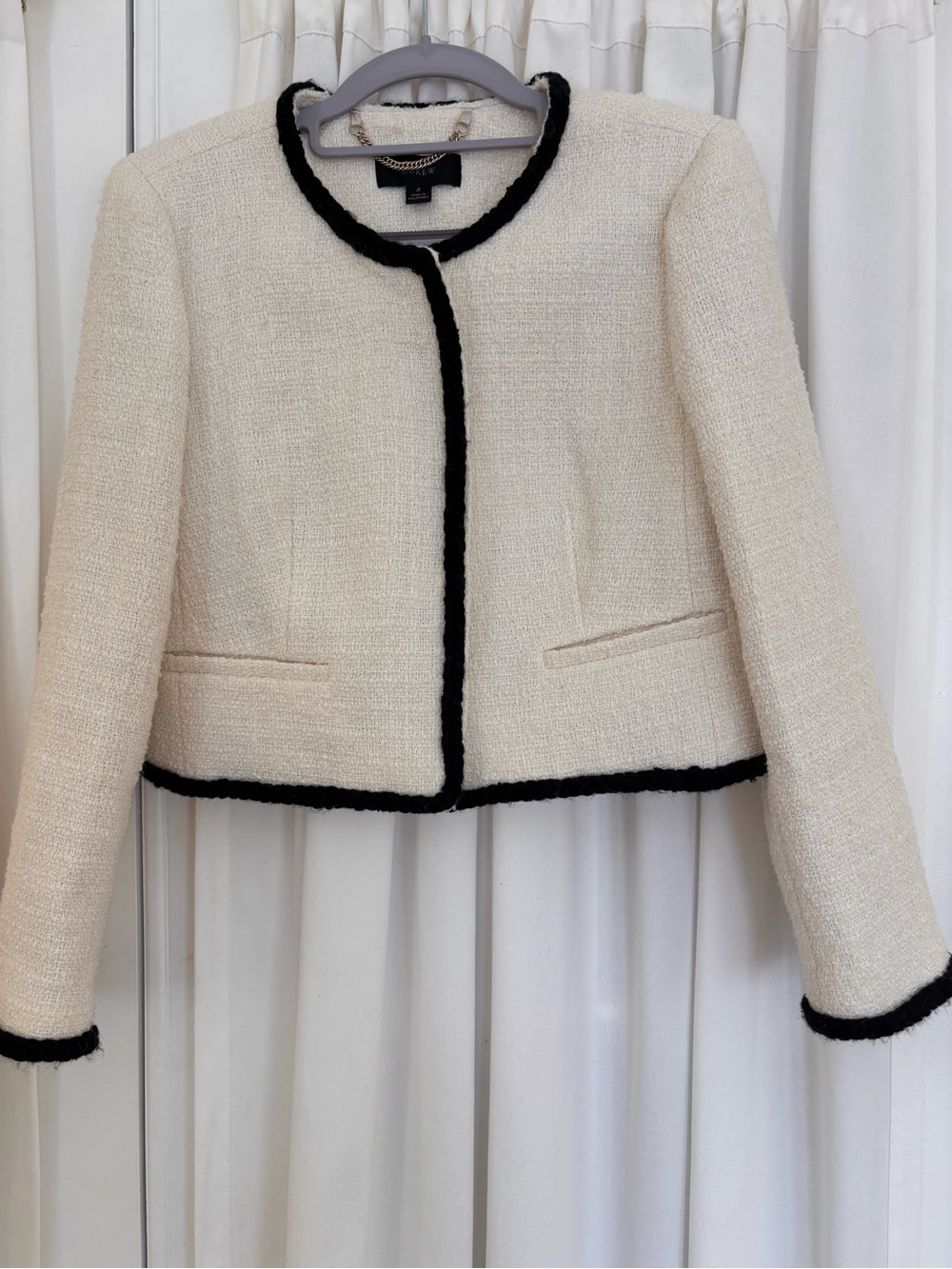 J. Crew Cream Louisa tweed Cropped Jacket with Black Trim